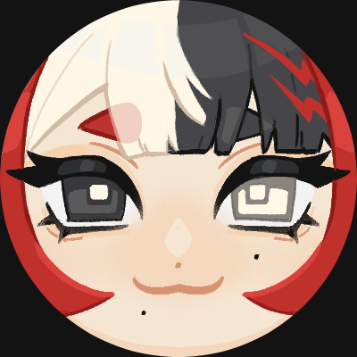 Artists Close-up of a cute face with big eyes, one black and one white, framed by red hair and black and white bangs