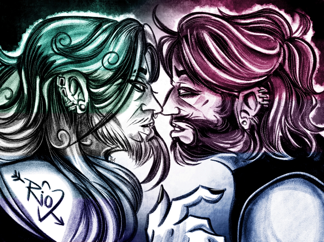 Digital art of Jayce and Viktor looking at each other about to kiss. They both have long hair, beards, and piercings.