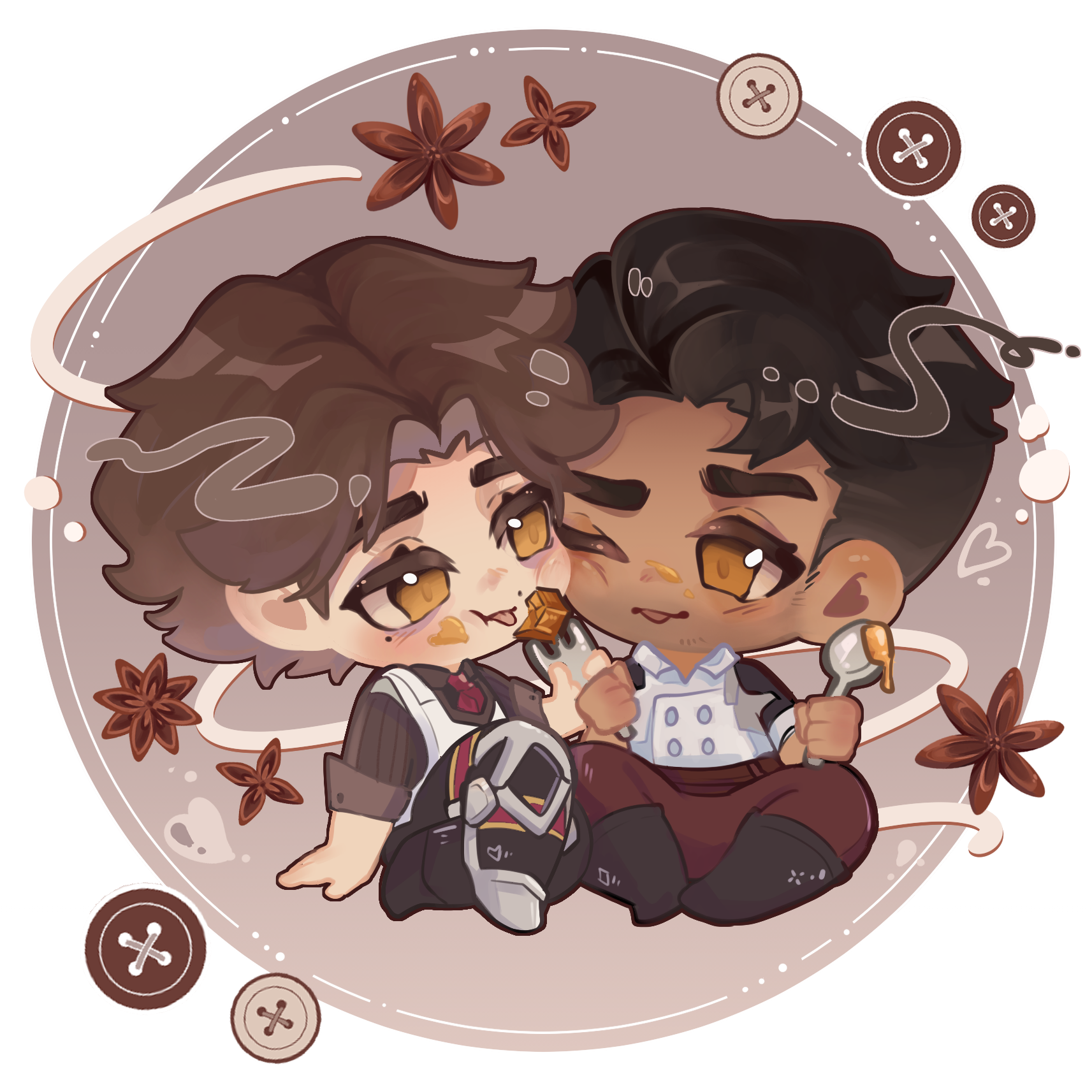 Digital art of chibi Jayce and Viktor sitting next to each other sharing snacks