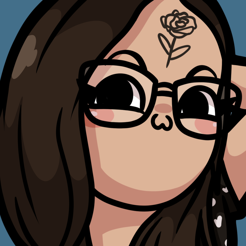 Digital art of a cute face with a forehead rose tattoo, grinning with a :3 expression