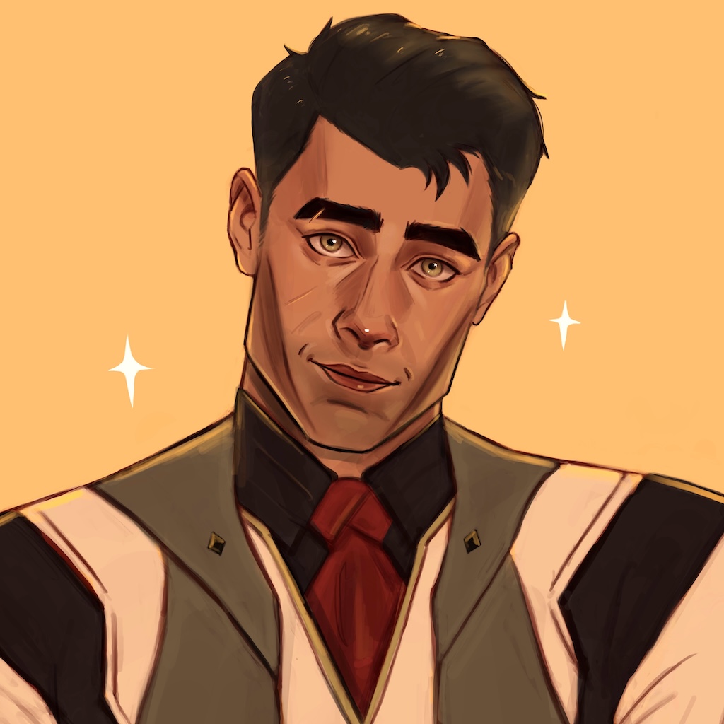 Artists Drawing of Jayce, clean-shaven and in his season 1 vest, smiling up at the viewer with sparkles around his face