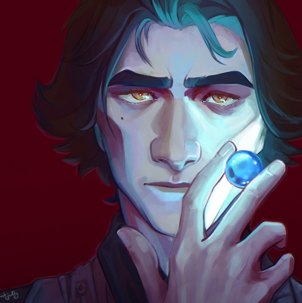 Artists Drawing of Viktor holding a hexgem next to his cheek