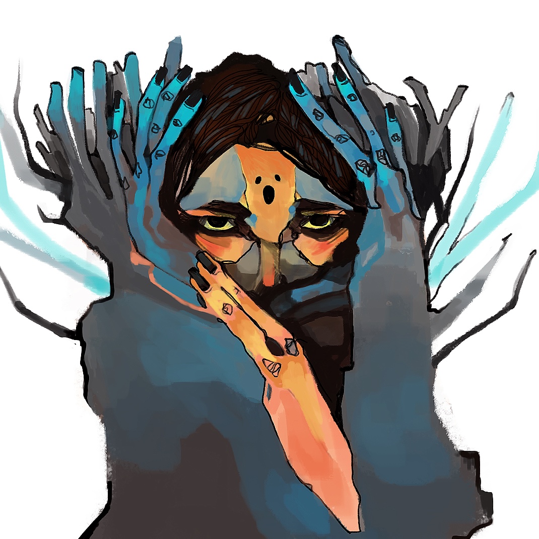 Artists A painting of a figure in blue and orange gazing at us hauntingly, finger-like branches reaching up around their face