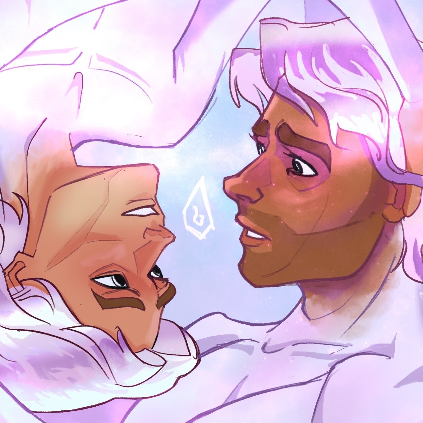 Mods Digital art of Viktor (upside down) and Jayce looking at each other while floating in the astral plane.