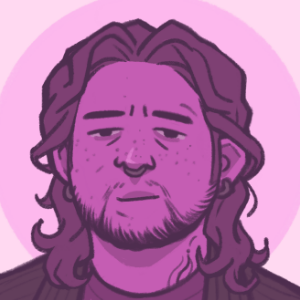 Artists A megenta-tinged drawing of a person with long hair and a beard looking at the viewer