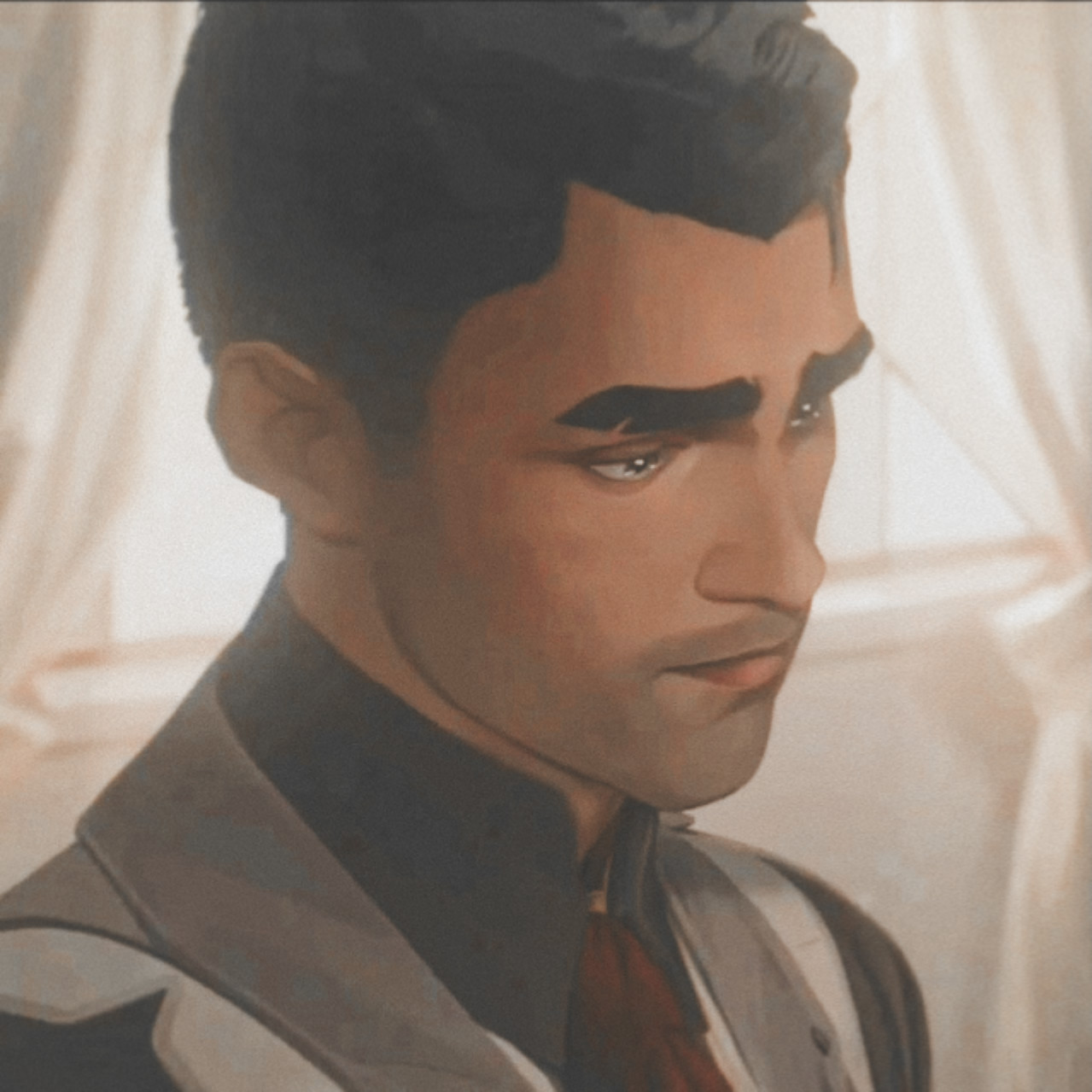 Screenshot of Jayce from season 1 of Arcane, looking shy and cute