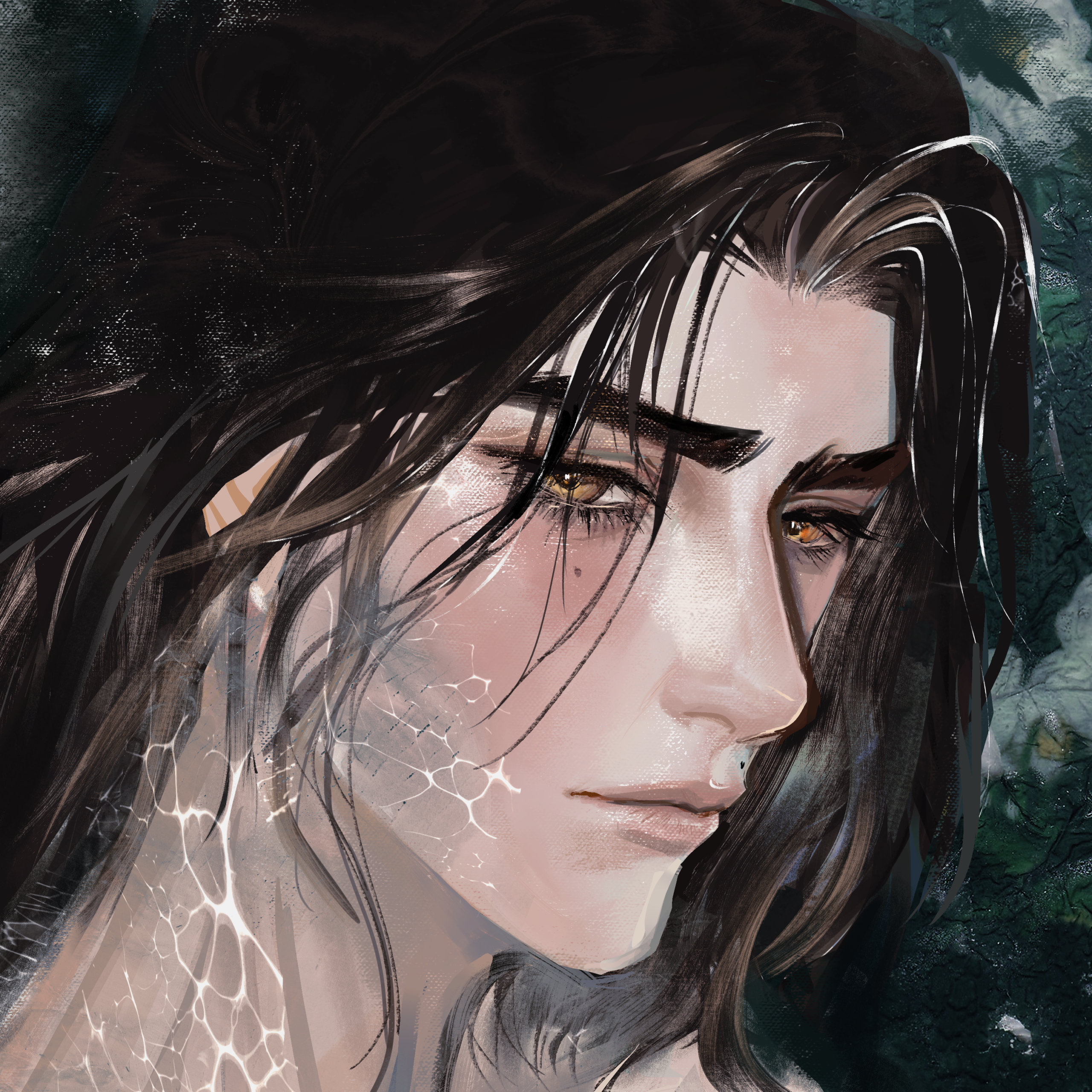 Artists A closeup painting of Viktor, very elegant skin marked with arcane webbing