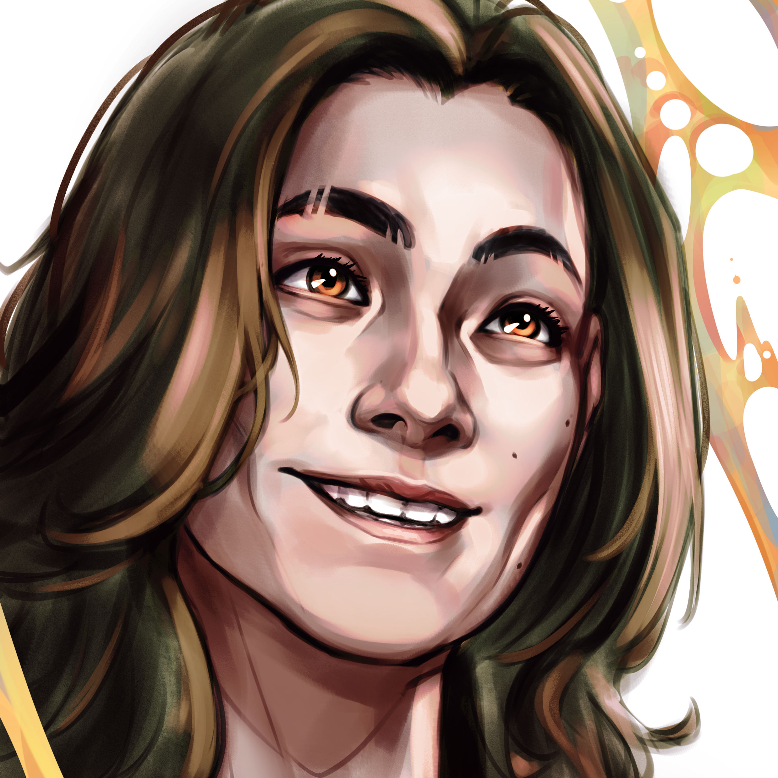 Artists A drawing of the artist with medium long brown hair and smiling