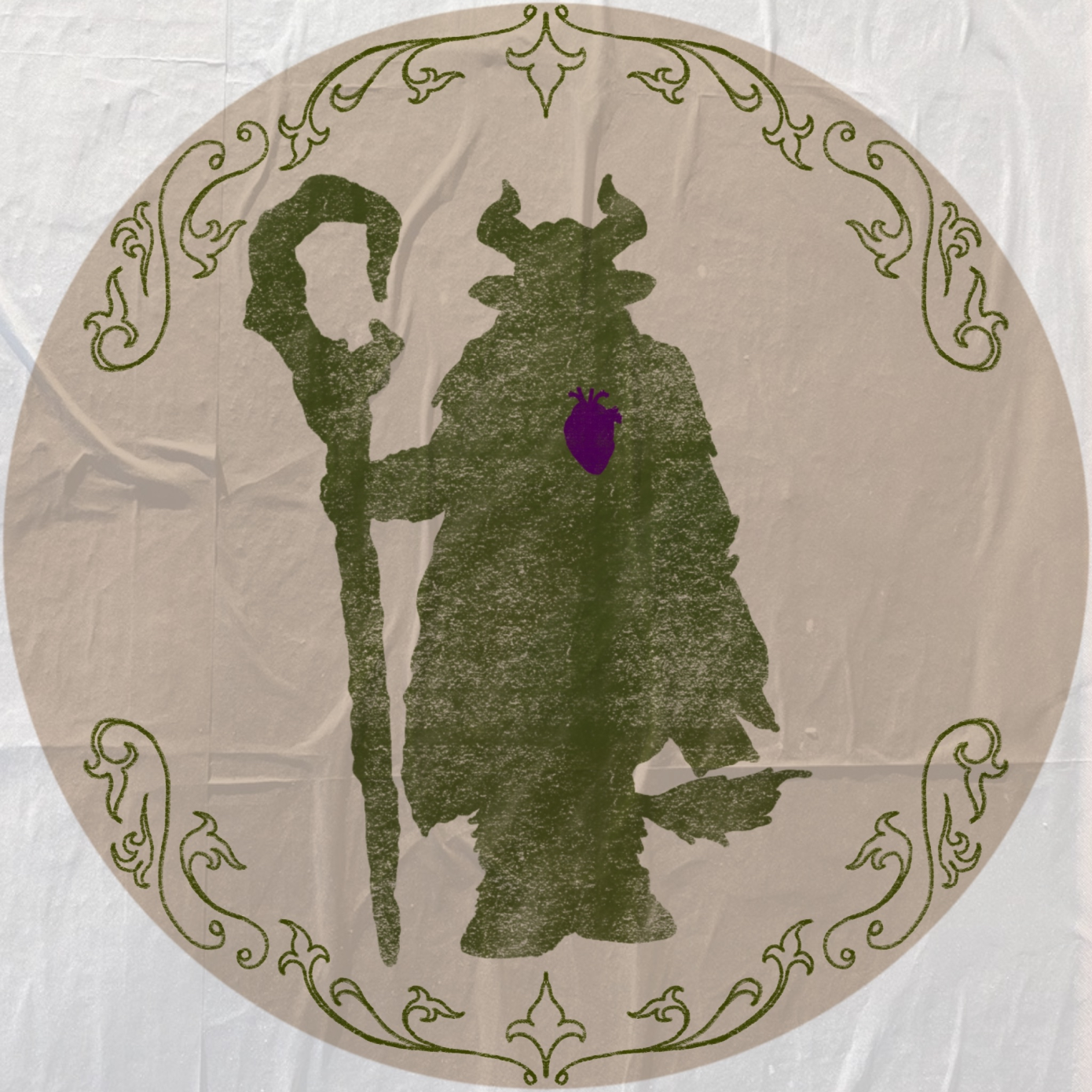 Digital art of a silhouette of a horned figure holding a staff