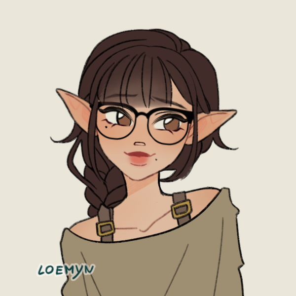 Digital art of a cute person with elf ears, glasses, and long, braided brown hair