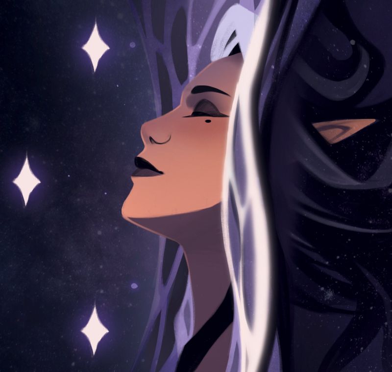 Artists A painting of the side profile of someone with dark skin and ethereal purple and pink hair