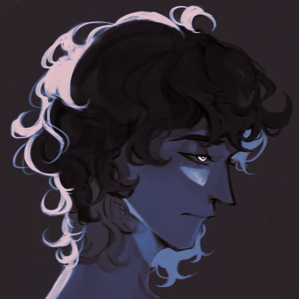 Artists A painting of someone with dark short curly hair looking slyly at the viewer with a glint in their eye