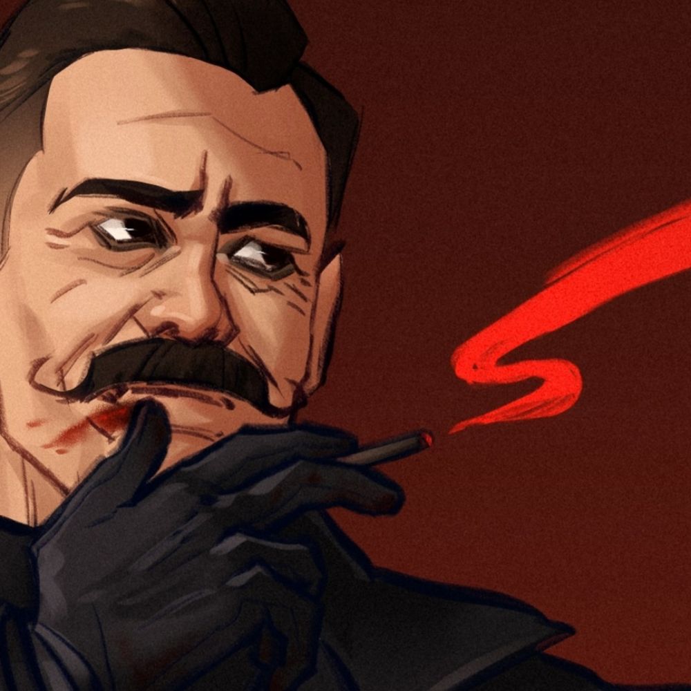 Artists A painting of a mustached man smoking a cigarette with a gloved hand