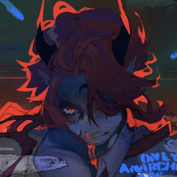 Artists A painted figure in the darkness with red hair and a dramatic red rim light around them