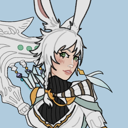 Artists A drawing of a woman with short white hair and bunny ears and a striped scarf