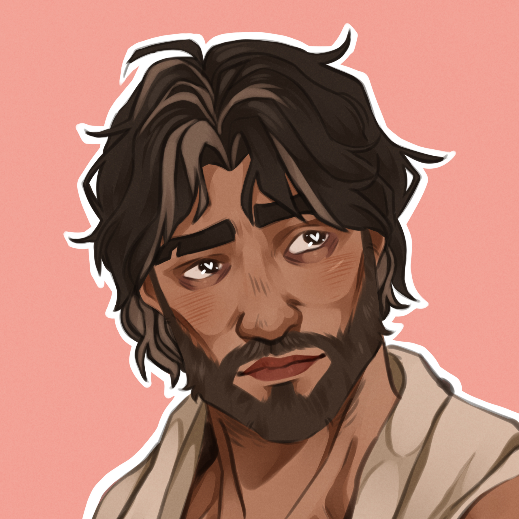 Artists A painting of a closeup of Jayce with scraggly hair and a beard looking up wryly