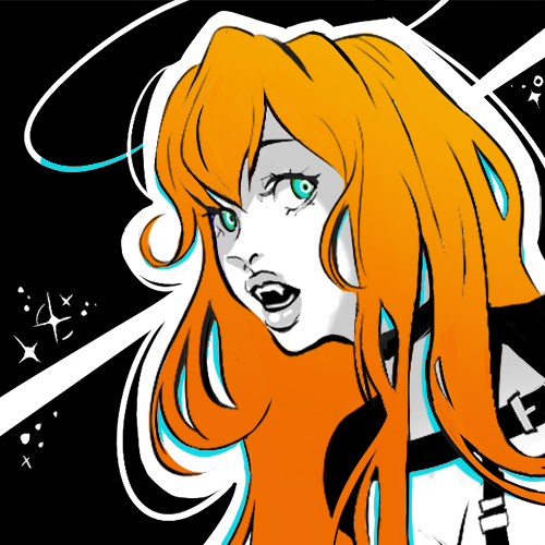 Artists Digital art of a person with long orange hair and blue eyes and fangs in three-quarters view against a black background