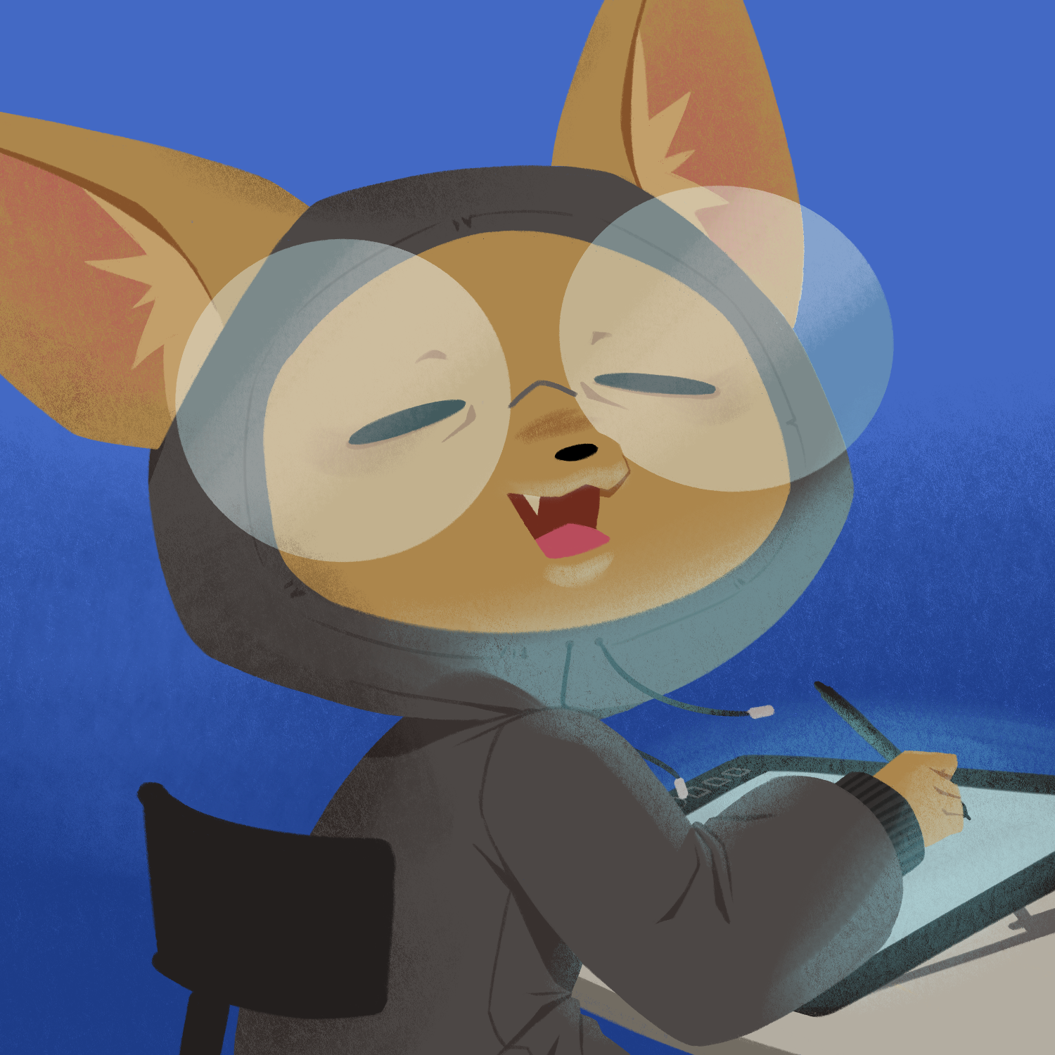 Artists Digital art of a fox-like creature in a grey hoodie laughing while looking at the viewer over their shoulder, while drawing on a tablet