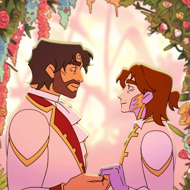 Jayvik Wedding Guest Book Hand-drawn digital 2D animation scene of Jayce and Viktor kissing each other while surrounded by pink plants and wearing their white wedding suits.