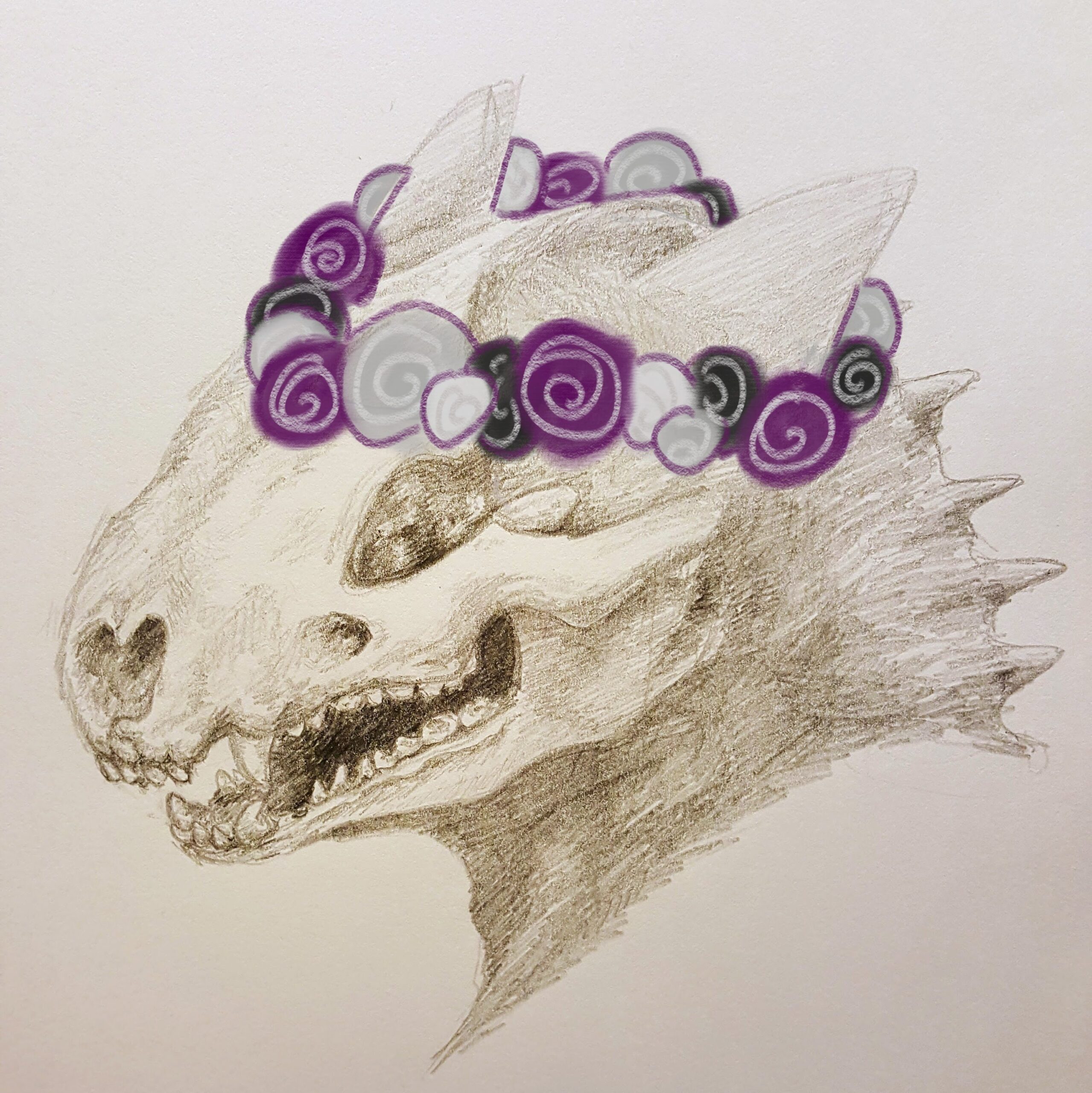 Sketch of a dragon-like skull wearing a purple, grey, and black rose flower crown