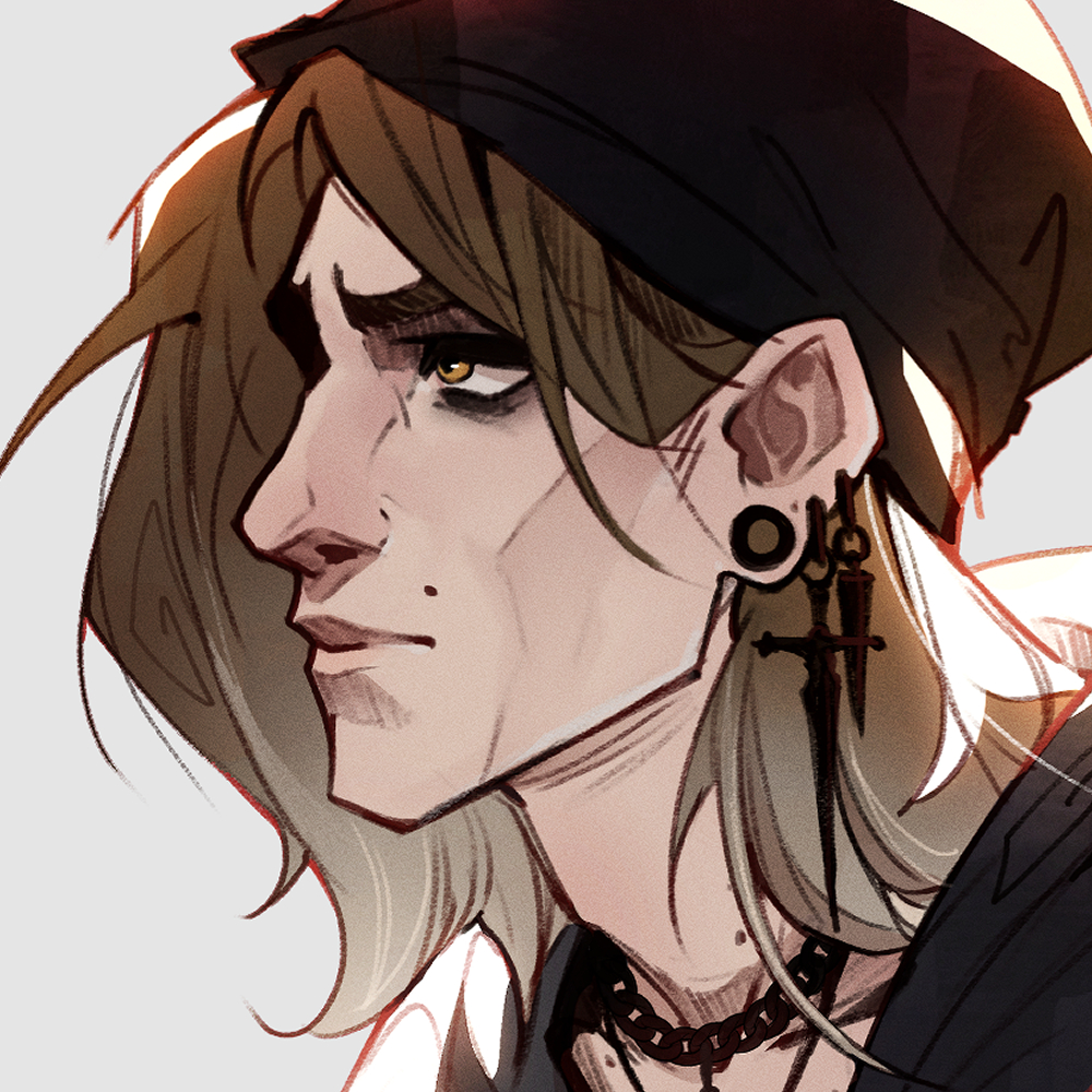 Artists Drawing of Viktor with long hair, stud earrings, dark eye makeup, and a black hoodie
