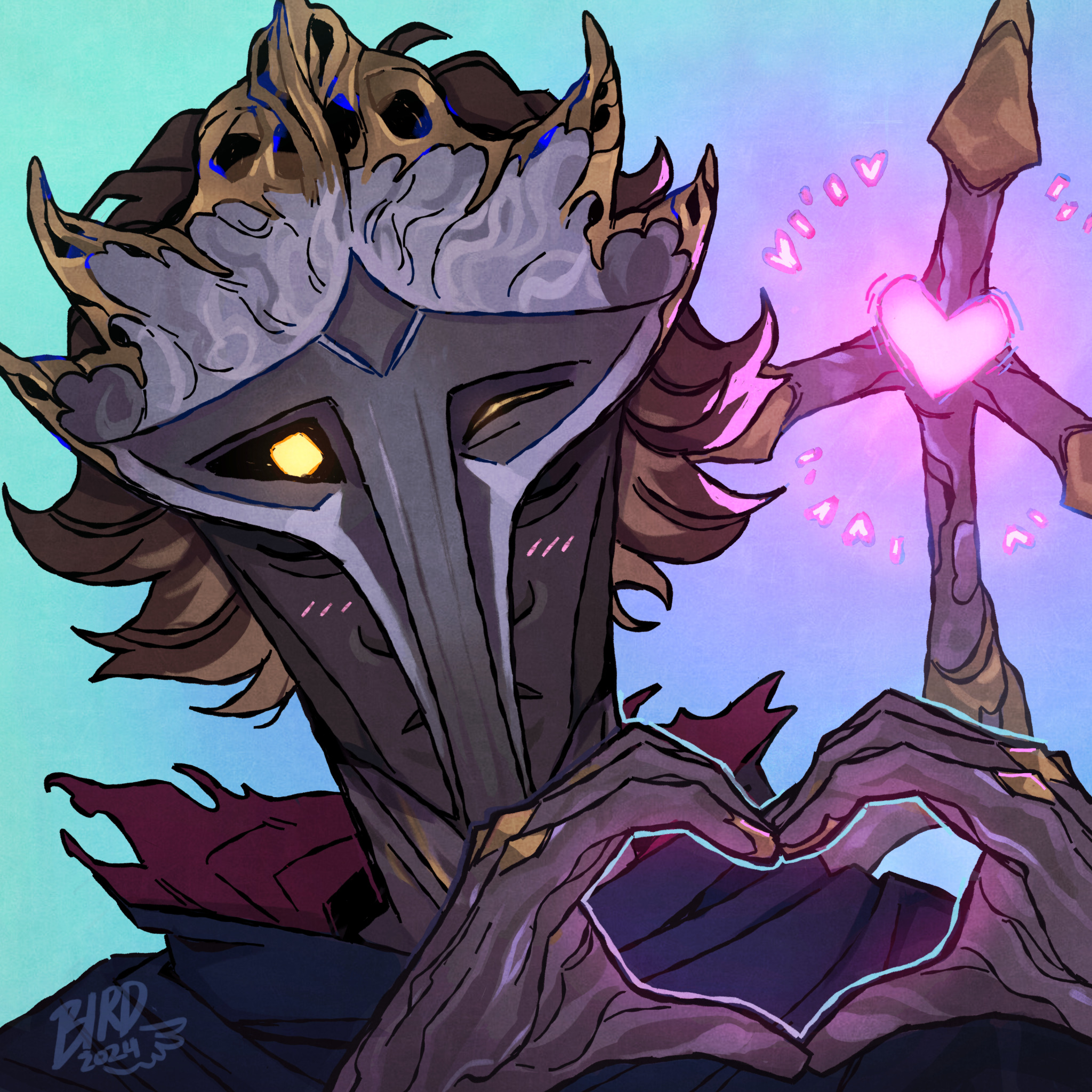 Digital art of arcane herald Viktor winking at the viewer and making heart hands