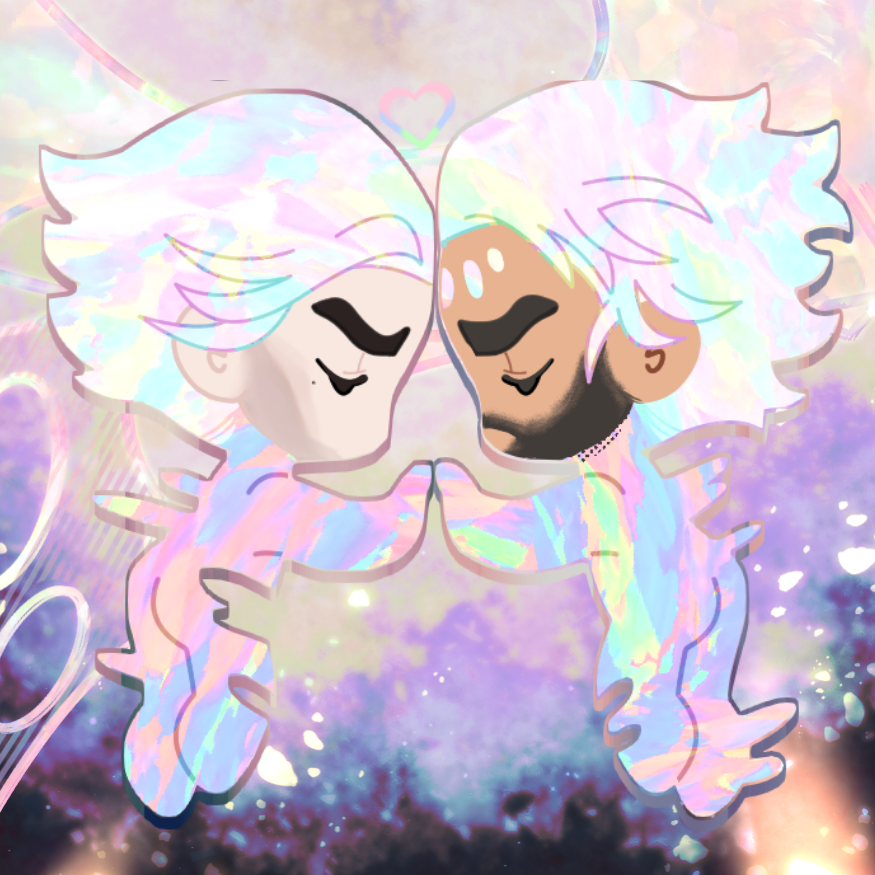 Mods A chibi drawing of Jayce and Viktor in the astral plane, facing each other and closing their eyes, foreheads together