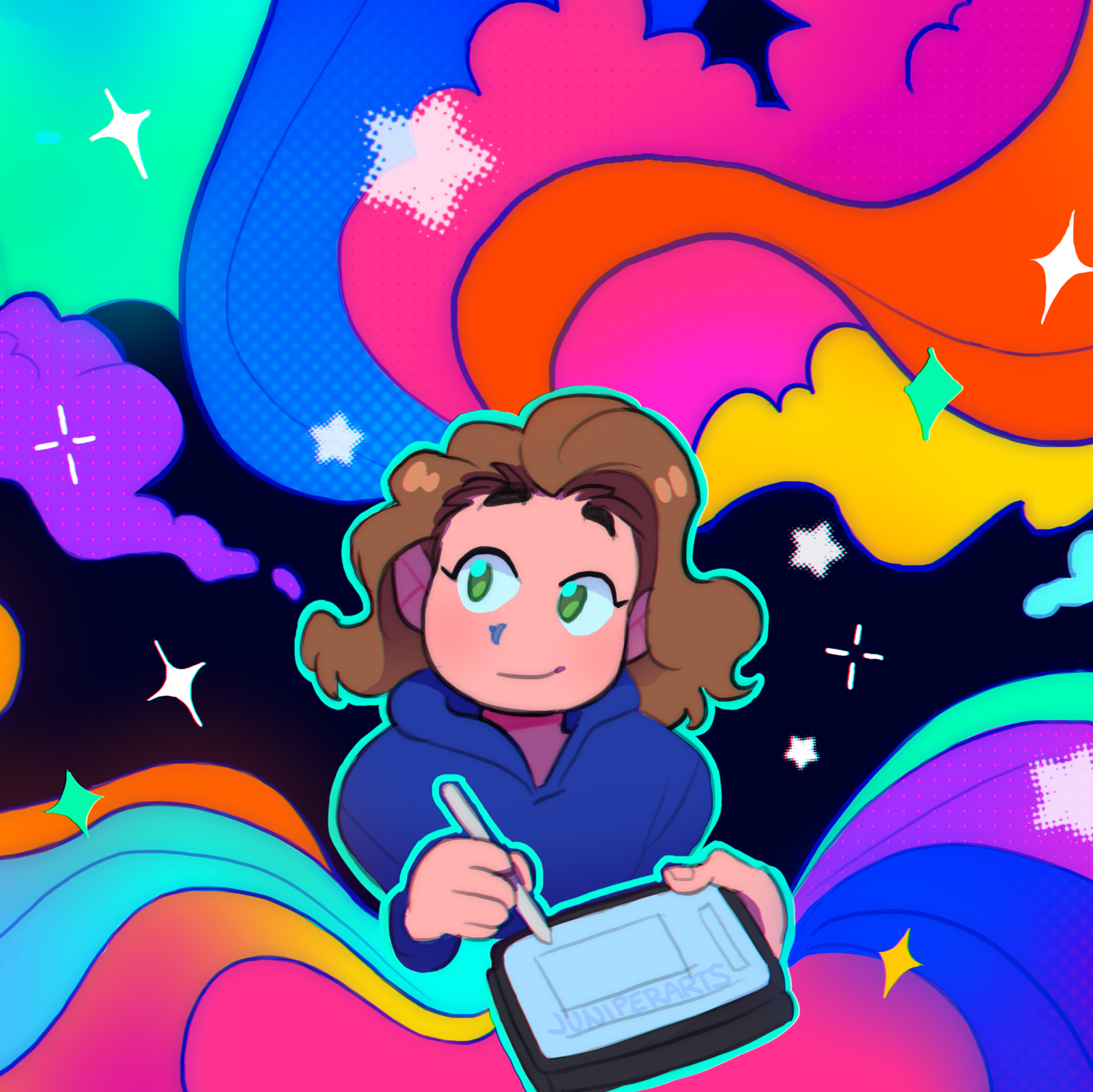 Artists A drawing of the artist in chibi form looking up at a colorful sky of clouds