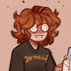 Artists A drawing of the artist with fluffy red hair, dragon fang piercings, and big round glasses