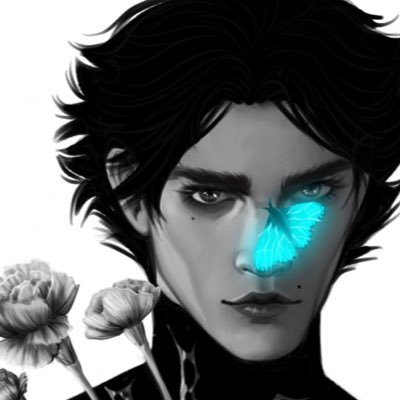 Mods A black and white digital art of Viktor, looking seductive with a glowing blue butterfly on his nose