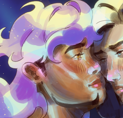 Artists A painting of the side profile of someone with dark skin and ethereal purple and pink hair