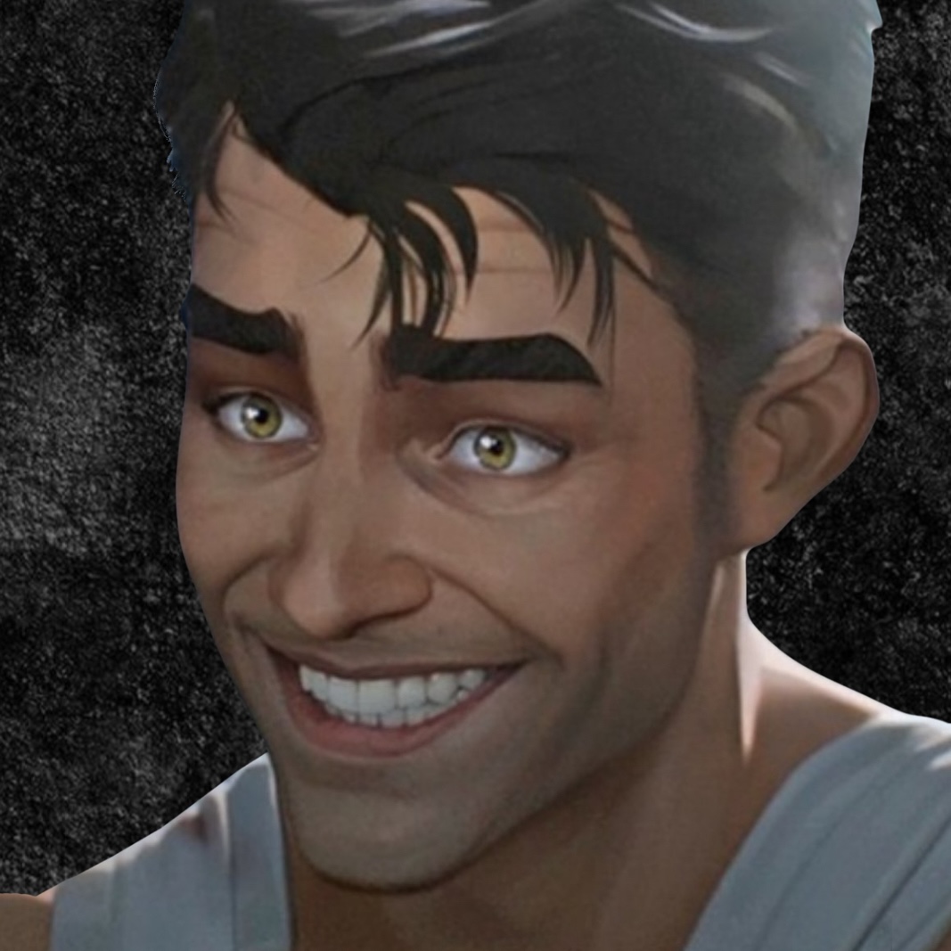 Edited screenshot of Jayce from season 2 of Arcane, smiling maniacally at Viktor post-hexgoo