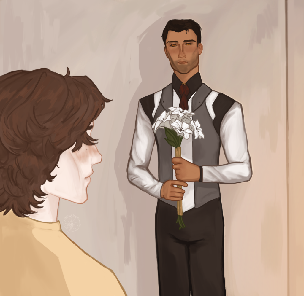 Digital art of Jayce holding a bouquet of flowers for Viktor. Viktor is in the foreground facing Jayce, while Jayce is dressed in his Academy-era vest.