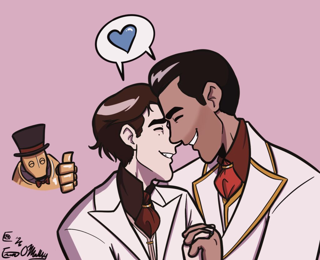 Digital art of Jayce and Viktor in formal white suits smiling and holding each other close. In the background, Blitzcrank is smiling and wearing a top hat and bow tie while giving a thumbs up.