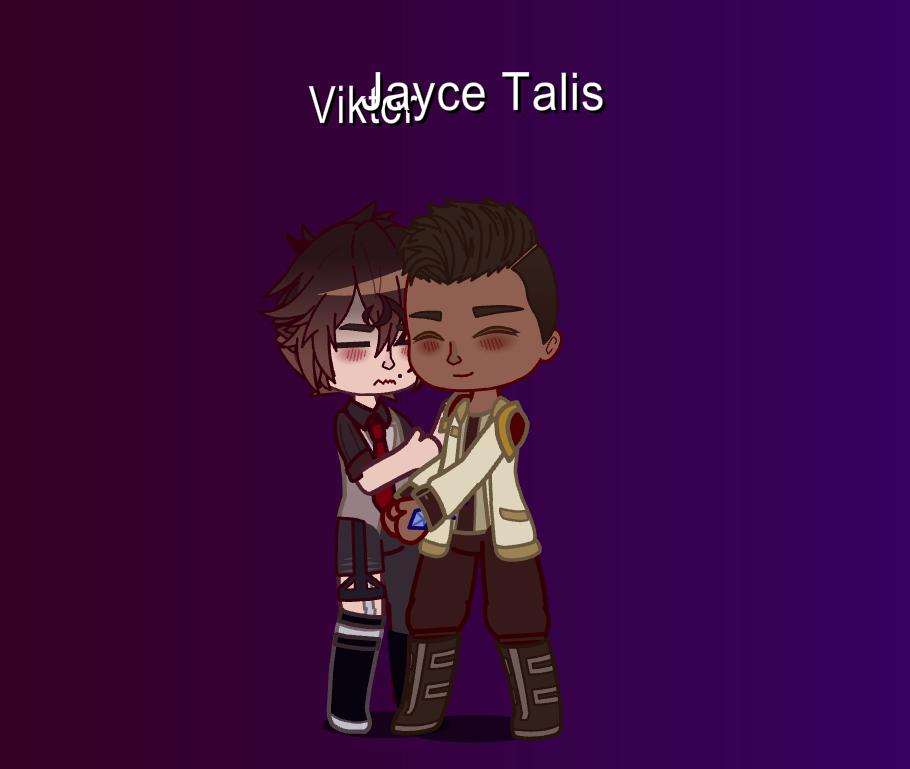 Digital art of Jayce and Viktor in each other's arms.