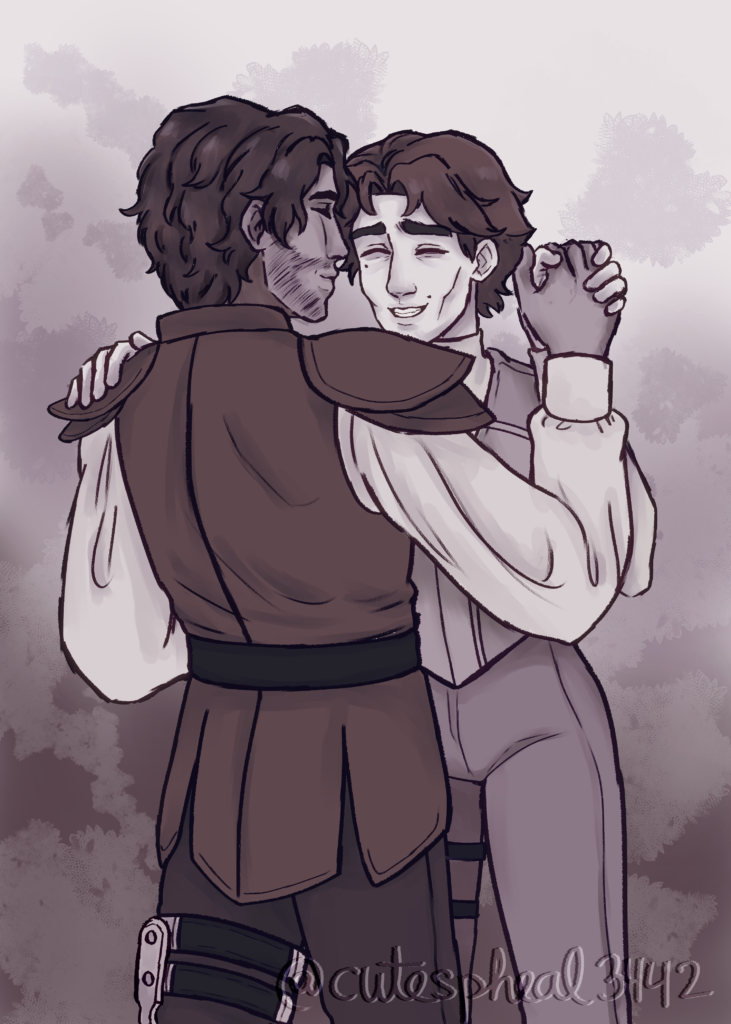 Digital art of Jayce and Viktor in sepia tones dancing in medieval-type clothing.