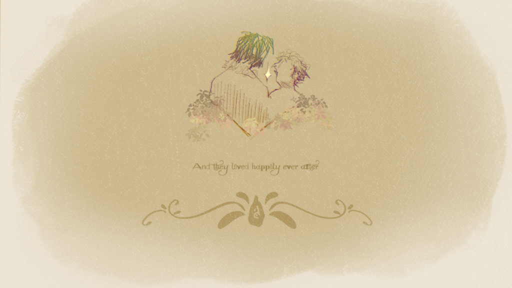 Sepia-toned lineart sketch of Jayce and Viktor looking at each other with a banner at the bottom of a rune and text reading "and they lived happily ever after"