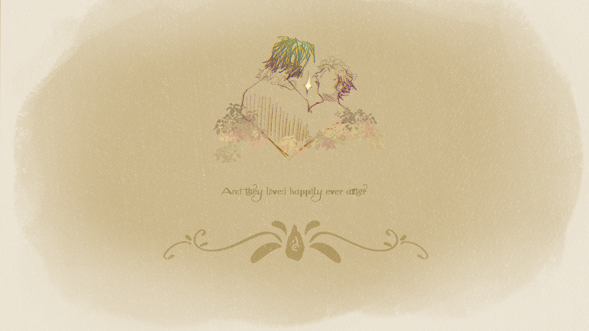 Sepia-toned lineart sketch of Jayce and Viktor looking at each other with a banner at the bottom of a rune and text reading "and they lived happily ever after"