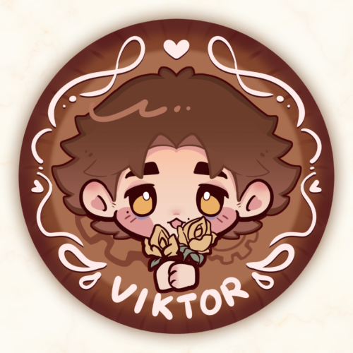 Jayvik Wedding Guest Book Chibi Viktor against a brown background and swirly white lines. He is looking at the viewer holding a bouquet of gold flowers.