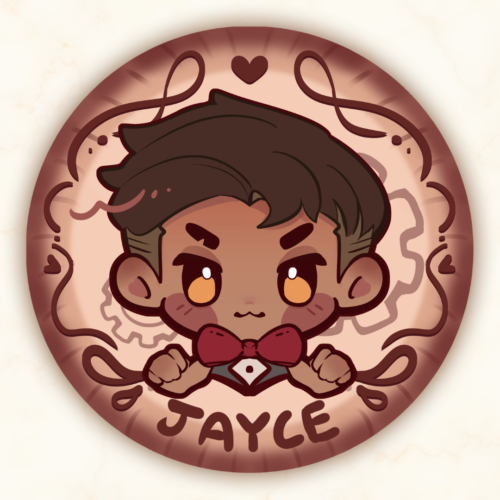 Jayvik Wedding Guest Book Chibi Jayce against a brown background and swirly white lines. He is looking at viewer fixing his red bow tie.