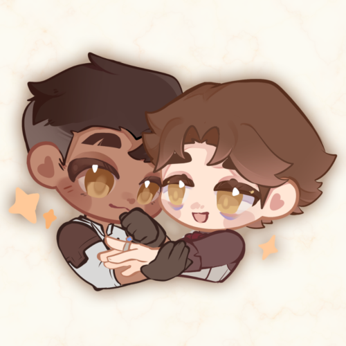Jayvik Wedding Guest Book Chibi of Jayce and Viktor. Jayce is holding Viktor's hand while he knocks lightly at a ring on Viktor's outstretched hand, while Viktor smiles up at him.