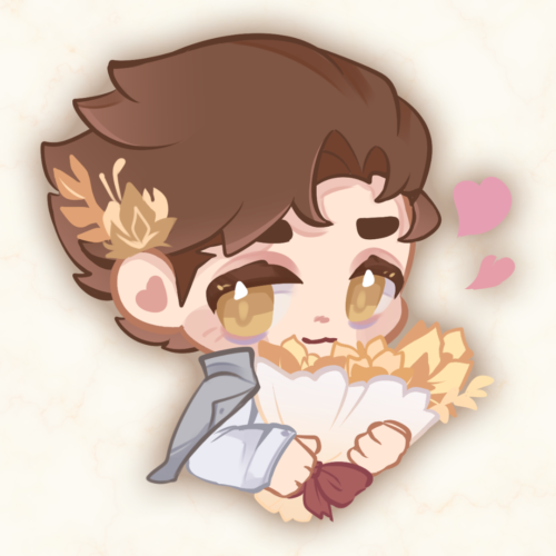 Jayvik Wedding Guest Book Chibi of Viktor in a white suit holding a gold bouquet.