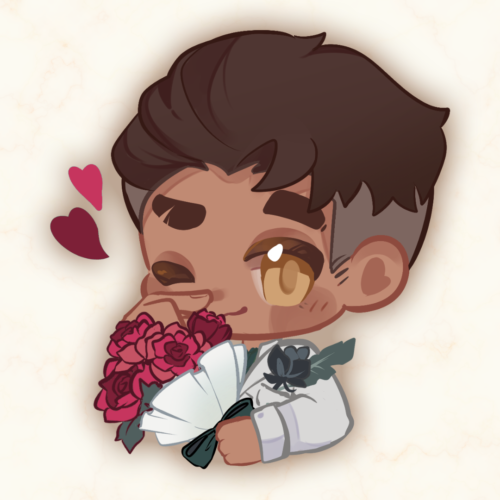 Jayvik Wedding Guest Book Chibi of Jayce winking at the viewer while wearing a white suit and holding a red bouquet.