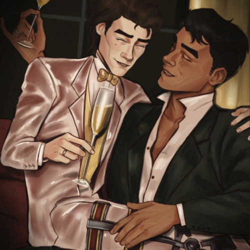 Jayvik Wedding Guest Book Viktor in a white suit sitting on the lap of Jayce, in a black suit and white shirt. They're both holding champagne glasses.