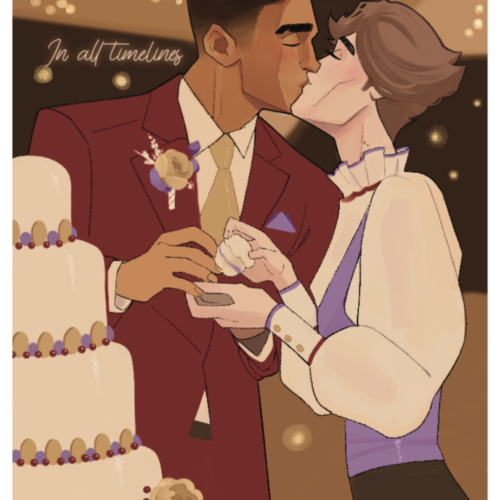 Jayvik Wedding Guest Book Jayce and Viktor kissing while Viktor holds a piece of wedding cake in his hand. Jayce is wearing a maroon suit while Viktor is wearing a purple vest and poofy-sleeve top.