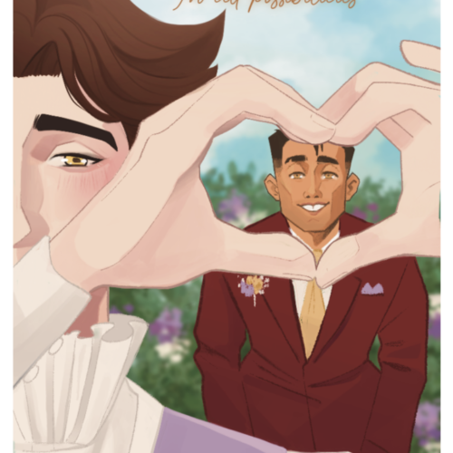 Jayvik Wedding Guest Book Viktor in the foreground making heart hands around Jayce in the background