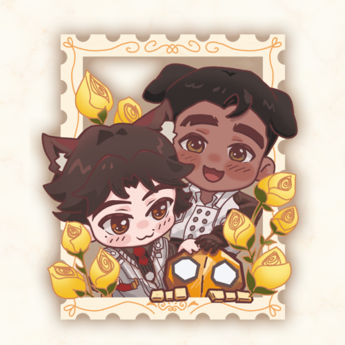 Jayvik Wedding Guest Book Jayce and Viktor as chibis with little ears, surrounded by yellow flowers and a stamp-style frame, with a cute Blitzcrank peeking up from the bottom.