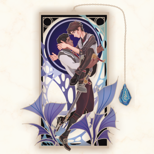 Jayvik Wedding Guest Book Jayce holding Viktor in his arms. They're looking at each other lovingly, surrounded by plants, hexcore webbing, and a round halo design. There is a chain from the top of the bookmark that has an acceleration rune at the end.