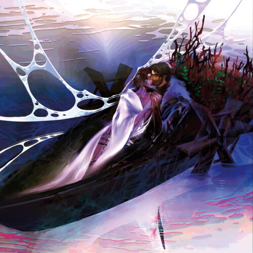 Jayvik Wedding Guest Book Jayce and Viktor seated together in a dark boat floating on ethereal white, pink and blue water. Viktor, in a white robe, is leaning against Jayce, whose back is against a growth of corals in the back of the boat. In the reflection on the water below is the white silhouette of mage Viktor sitting in the boat.