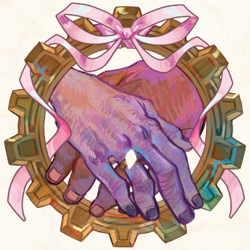 Jayvik Wedding Guest Book Viktor laying his hand on Jayce. Their hands are surrounded by a cog wheel and pink ribbons.